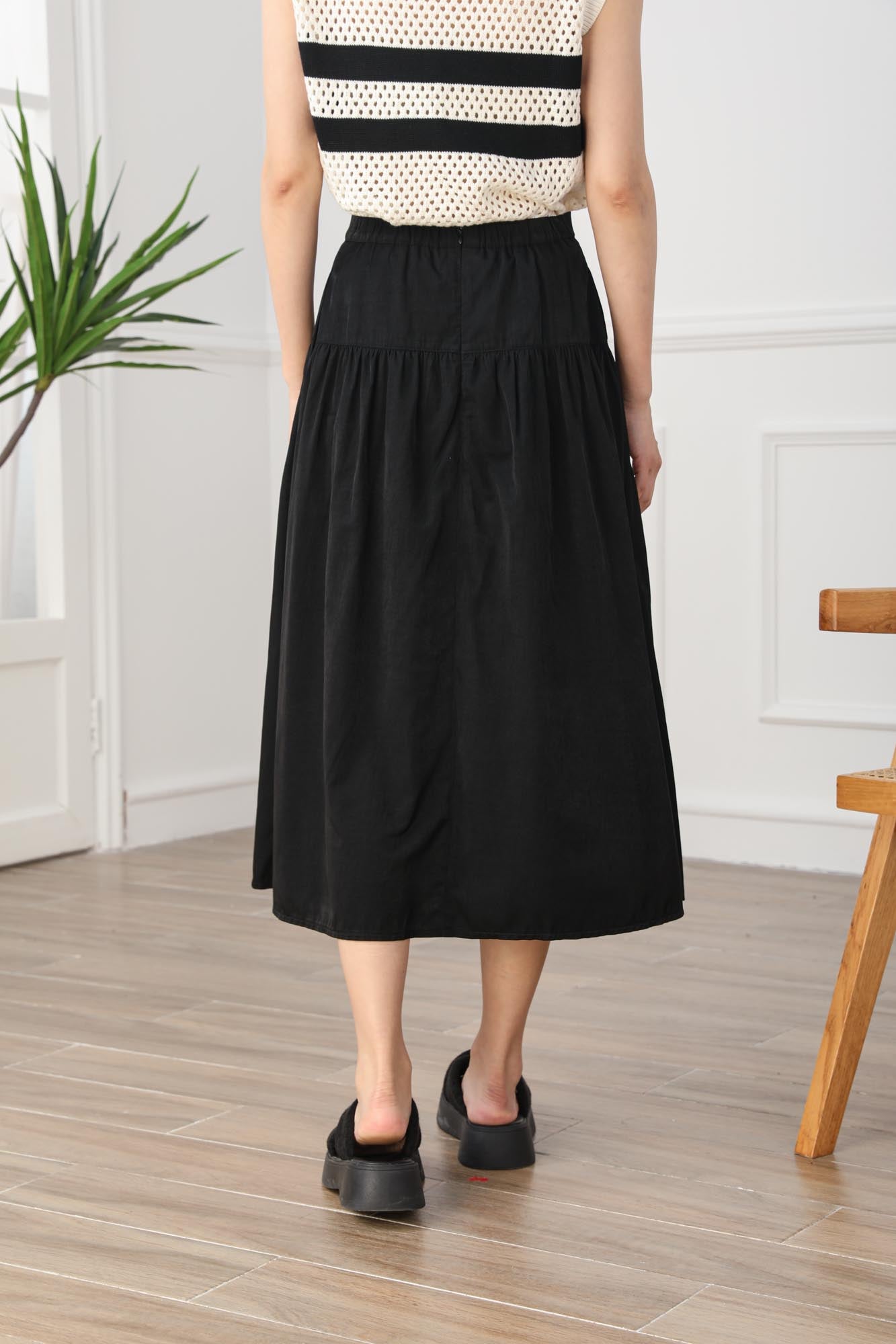 Black gathered outlet midi skirt