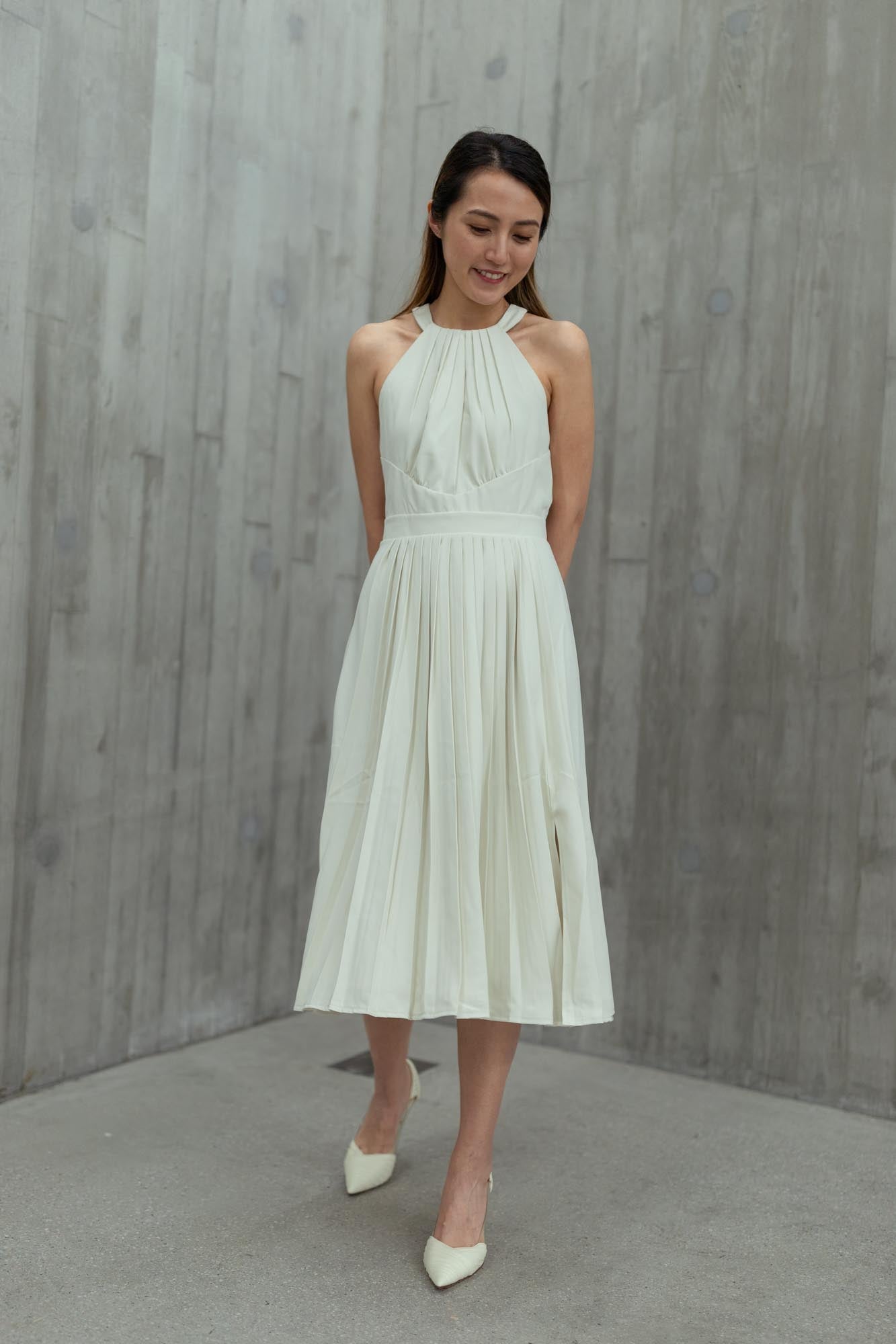 Gemma white pleated details halter neck dress RDM STUDIO